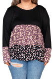 Black Floral Pattern Color Block Plus Size Pullover Top