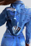 Blue Ripped Button Short Length Denim Jackets