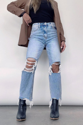 Ripped Hole Straight Jeans Pants