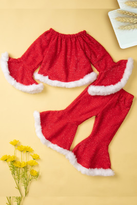 Off Shoulder Top with Flare Pants Christmas Kid's 2pcs Set