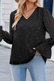 V Neck Lace Sheer Flare Sleeves Blouse 