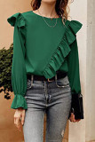 Puff Sleeves Plain Pleated Ruffle Blouse 