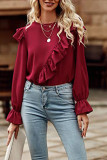 Puff Sleeves Plain Pleated Ruffle Blouse 
