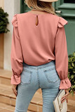 Puff Sleeves Plain Pleated Ruffle Blouse 
