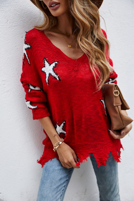 Red V Neck Star Knit Frayed Sweaters