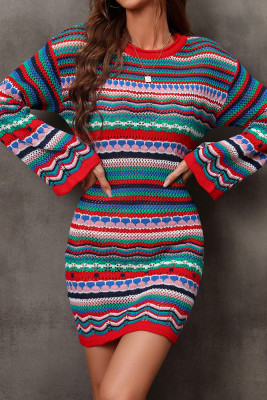 Multicolor Striped Flare Sleeves Knit Sweater Dress