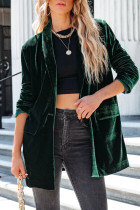 Green Casual Pocketed Velvet Blazer