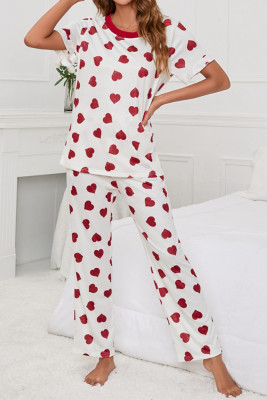 Heart Print Short Sleeves Top and Long Pants 2PCs Pajamas Set