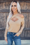 Apricot Cut Out Criss Cross Cold Shoulder Ribbed Top