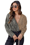 Spliced Leopard Print Wrap Long Sleeve Bodysuit