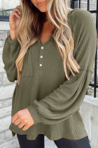 Green Buttoned V Neck Drop Shoulder Waffle Knit Top