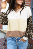 Apricot Wild Leopard Contrast Sleeve Colorblock Waffle Knit Top