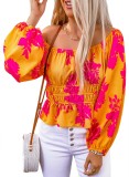 Yellow Floral Print Off Shoulder Puff Sleeve Blouse