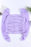 Purple Crinkle Square Neck Puff Sleeve Top