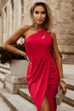 Red Asymmetric Cut out Sleeveless Pleated Midi Dress with Slit