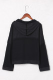 Black Casual Button Solid Patchwork Trim Hoodie