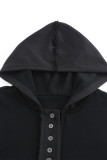 Black Casual Button Solid Patchwork Trim Hoodie