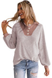 Pink Button Contrast Puff Sleeve Blouse