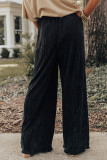 Black Pleated Drawstring High Waist Wide Leg Pants
