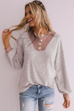 Pink Button Contrast Puff Sleeve Blouse