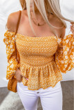 Yellow Floral Print Off Shoulder Smocked Peplum Blouse