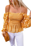 Yellow Floral Print Off Shoulder Smocked Peplum Blouse