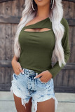 Green One Sleeve Cutout Ribbed Knit Top