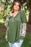 Green Plus Size Floral Patchwork Henley Top