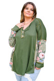 Green Plus Size Floral Patchwork Henley Top