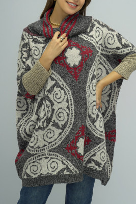 Funnel Neck Ethnic Pattern Knitting Sweater
