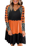 Orange Leopard Plaid Ruffled Long Sleeve Mini Dress