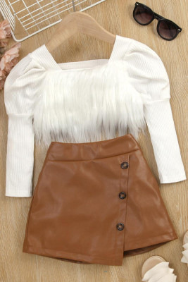 Girl White Knit Crop Top with PU Skirt 2pcs Set