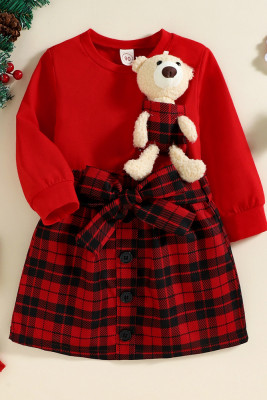 Girl Red Sweatshirt with Bear and Plaid Skirt 2pcs Set