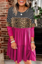 Rose Leopard Striped Patchwork Ruffled Long Sleeve Dress