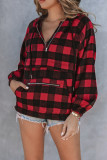 Red Buffalo Plaid Zipped Front Pocketed Hoodie