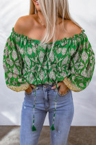 Green Floral Print Tassel Tie Off Shoulder Blouse