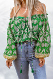 Green Floral Print Tassel Tie Off Shoulder Blouse