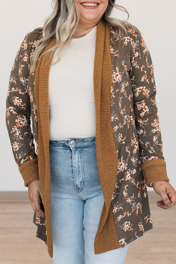 Brown Floral Patchwork Knitted Plus Size Cardigan