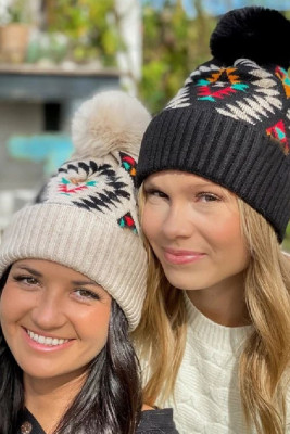 Aztec Knitting Pompom Beanie Hat MOQ 3PCs