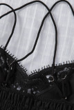 Black Crochet Lace Smocked Criss Cross Spaghetti Strap Bralette