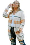 White Striped Knit Side Pockets Plus Size Cardigan