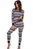 Pink Pink/Gray Christmas Pattern Print Long Sleeve Top and Skinny Pants Home Suit