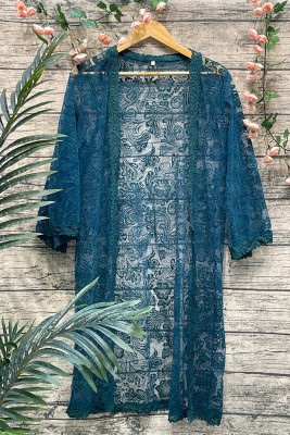 Green Floral Crochet Lace Sheer Front Open Kimono 