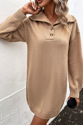 Khaki Buttoned Knitting Sweater Dress 