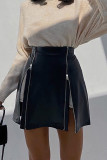 High Waist Zipper Leather Skirt Dress 