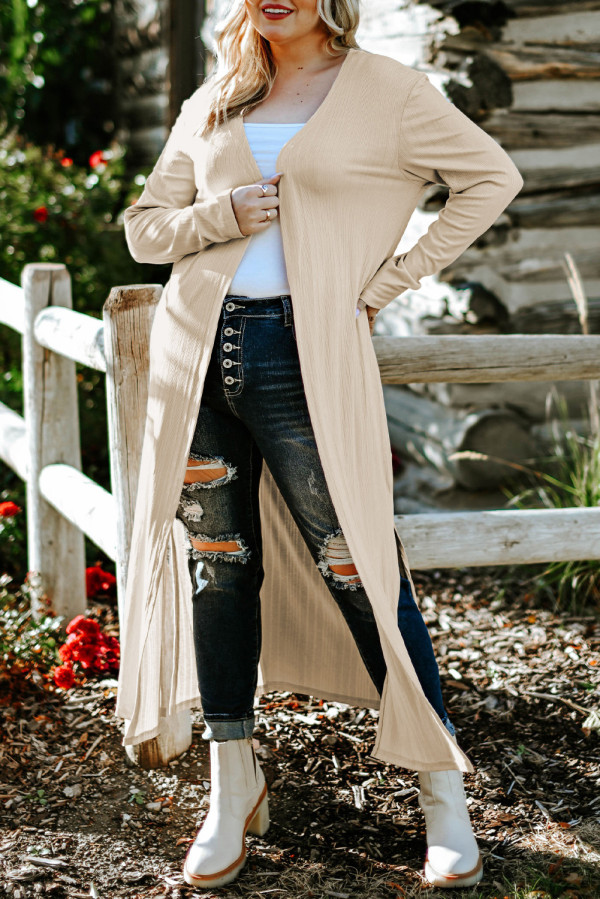Beige Plus Size Ribbed Long Open Front Cardigan