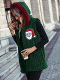 Green Santa Patchwork Zipper Rib Fleece Hooded Vest Jacket