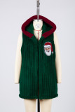 Green Santa Patchwork Zipper Rib Fleece Hooded Vest Jacket