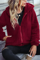 Red Hooded Zipper Ribbed Fleece Coat 