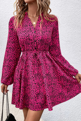 Rose Leopard V Neck Drawstring Button Down Mini Dress